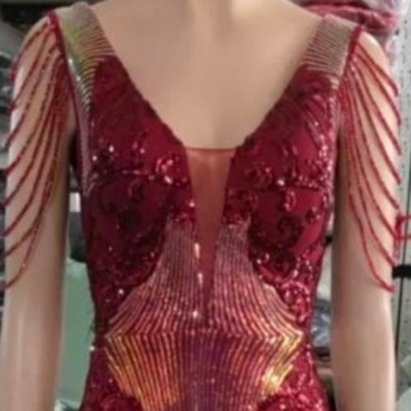 WIne Red, Floral, Sleeveless, Round Back, V Neck, Sequined Mermaid Gown - Picture 13 of 16